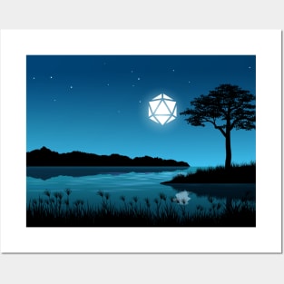 Starry Night D20 Dice Lake Reflection Tabletop RPG Maps and Landscapes Posters and Art